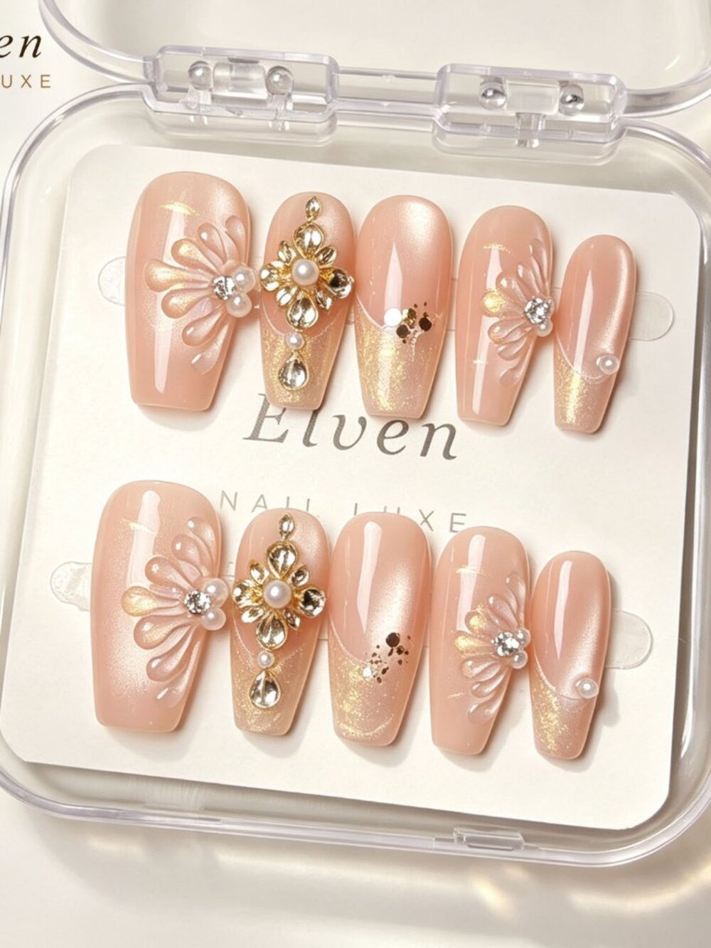 Luxury Bridal Medium Coffin Press On Nails Nude Cat Eye Gold Glitter 3D Pearl